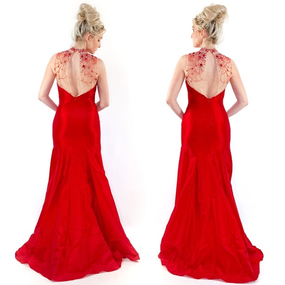 Red Open Back Illusion Prom Dress Pageant Gown - Picture 4 of 8